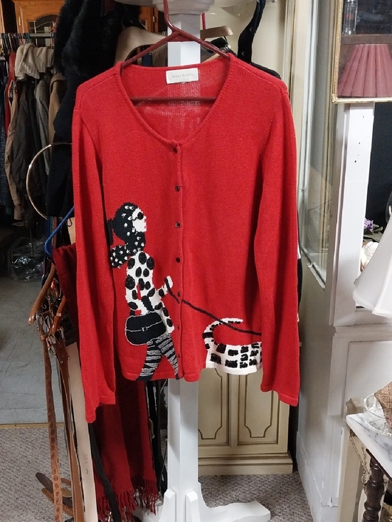 Susan Bristol Sweaters - Vtg. Susan Bristol Dog Walker Red Button-Front Beaded Novelty Cardigan Sweater